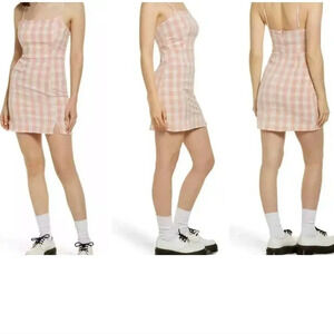 BP Nordstrom Blush Pink & White Plaid Y2K Mini Skater Dress, Size Large, EUC!